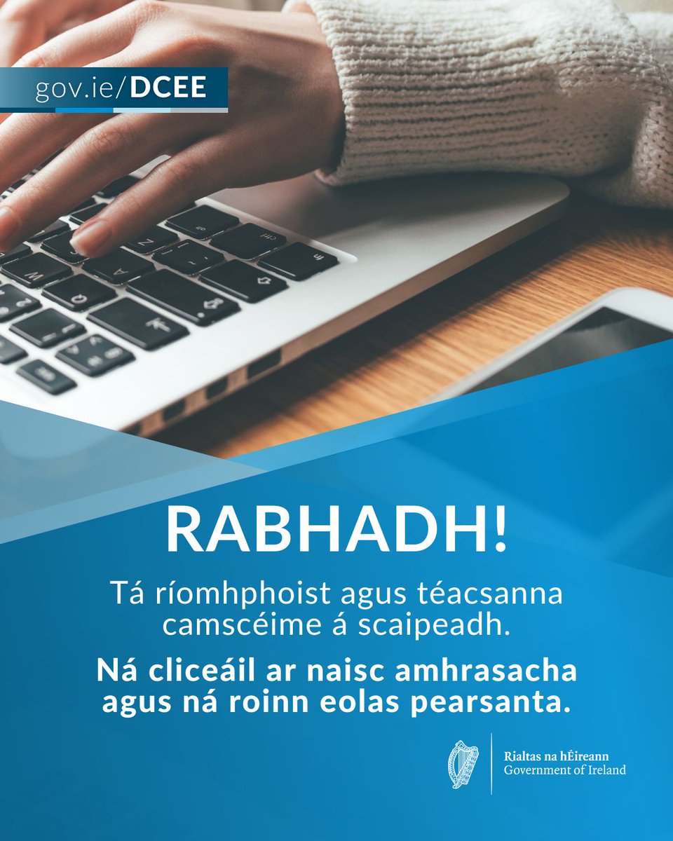 DeptCEE's tweet image. 🚨Táimid ar an eolas faoi chamscéim téacs agus ríomhphoist a mhaíonn gur ó gov.ie iad a bhaineann le scéim tacaíochta fuinnimh.
Má fhaigheann tú téacs nó ríomhphost cosúil leis sin:
⚠️ Ná téigh i dteagmháil leis
⚠️Ná roinn aon eolas pearsanta