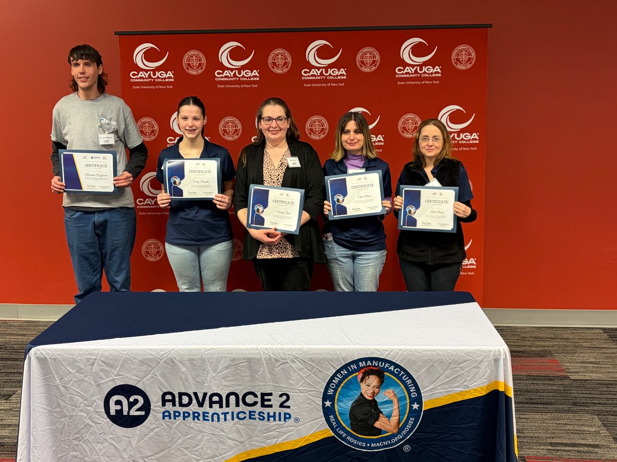 CayugaCC's tweet photo. This week we celebrated the graduates from Real Life Rosies and Advance 2 Apprenticeship at our Fulton Campus! Looking forward to seeing these inspiring students launch successful #manufacturing careers!

#advancedmanufacturing #cayuga #communitycollege #builtforsuccess https://t.co/Gn47TpSpR6