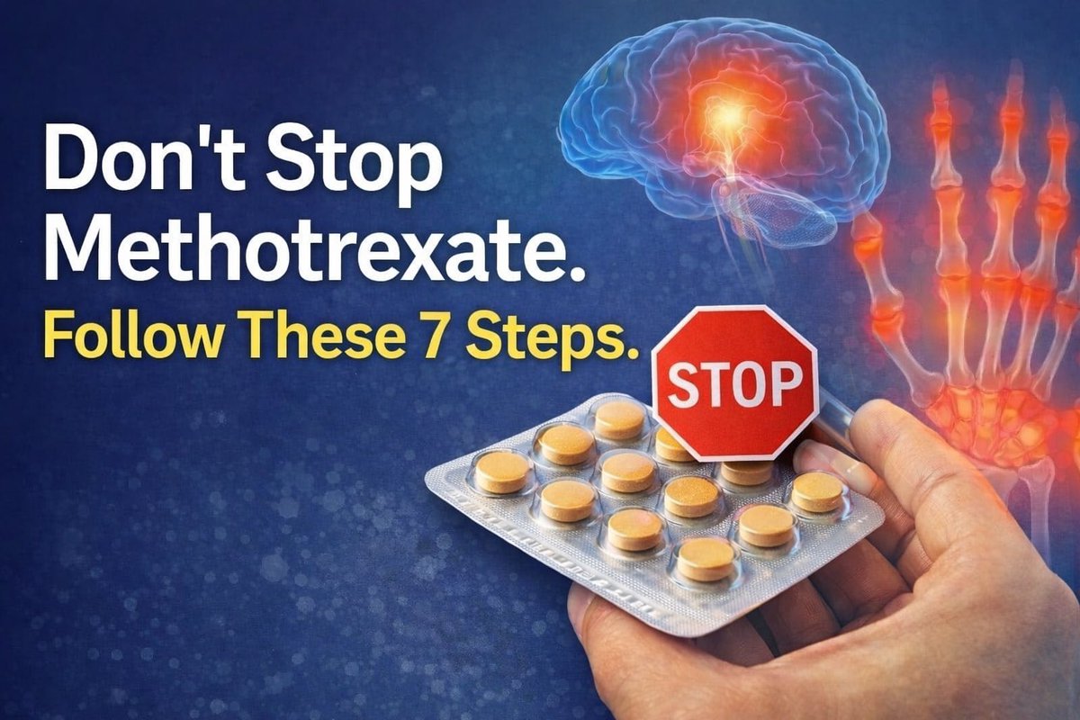 IlliasulK's tweet photo. 7 key steps to manage methotrexate intolerance

(what doctors can actually do) 🧵👇

1️⃣ Get the basics right

• confirm once-weekly methotrexate (MTX) dosing

• rule out dosing mistakes

• review proton pump inhibitors (PPIs), glucocorticoids (steroids), and non-steroidal anti-inflammatory drugs (NSAIDs)

Small errors → big intolerance.

#Rheumatology #Methotrexate #RheumatoidArthritis #DMARD #ClinicalPearls #TreatToTarget @DrAkhilX @IhabFathiSulima @CelestinoGutirr @nileshnolkha @DurgaPrasannaM1