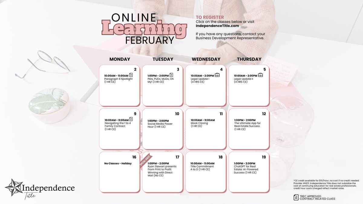 IndependenceTX's tweet image. 💘 Fall in love with learning this February! Give your real estate career some TLC with CE that keeps you sharp and confident. Register now: 🏡💼 tinyurl.com/n5c842rk
#RealEstateEducation #ContinuingEd #RealtorLife #IndependenceTitle