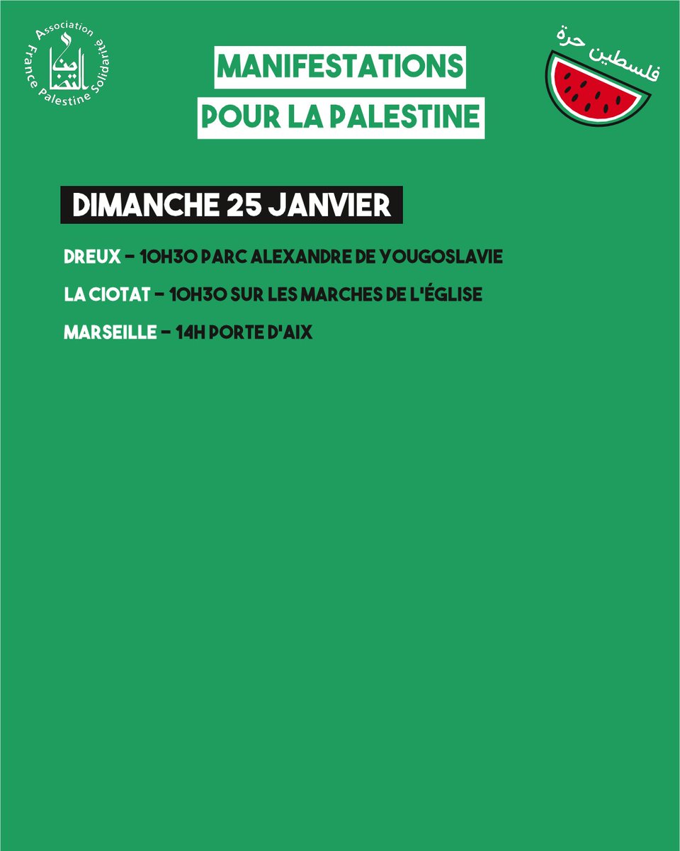 AFPSOfficiel's tweet image. 🍉 Toutes les manifestations en France ce week-end

📣 Non à la proposition de loi Yadan !
📣 Stop génocide !
📣 Liberté pour les prisonnier·es politiques palestinien·nes !
📣 Cessez-le-feu à Gaza !
📣 Sanctions contre Israël !
📣 Justice pour le peuple palestinien !