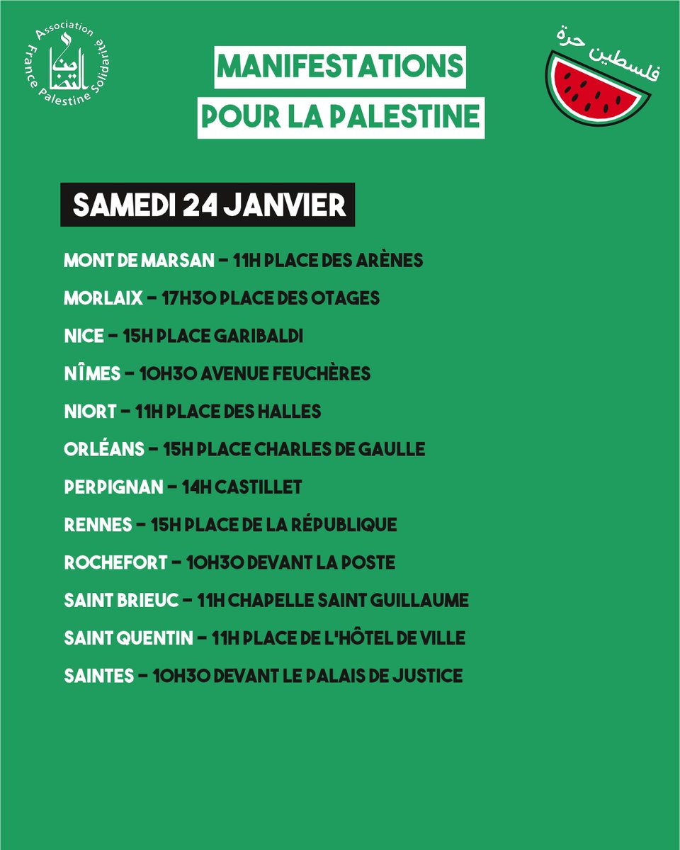 AFPSOfficiel's tweet image. 🍉 Toutes les manifestations en France ce week-end

📣 Non à la proposition de loi Yadan !
📣 Stop génocide !
📣 Liberté pour les prisonnier·es politiques palestinien·nes !
📣 Cessez-le-feu à Gaza !
📣 Sanctions contre Israël !
📣 Justice pour le peuple palestinien !