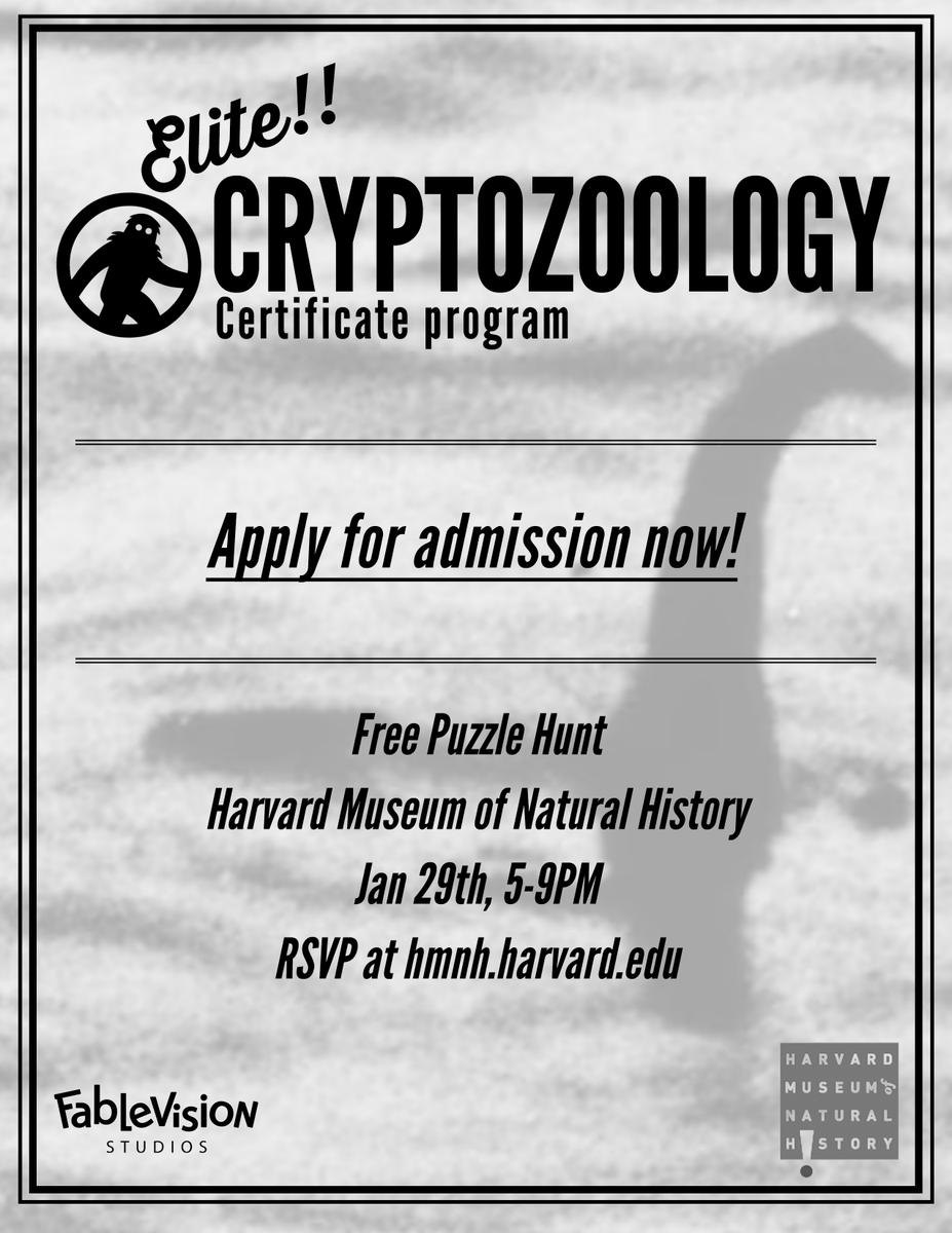 FVStudioBoston's tweet photo. Do you have what it takes to be a Cryptozoologist? On January 29, @HarvardMuseums is hosting a free puzzle hunt designed by FableVision! Attend this event to see if you can get into the exclusive program studying sea monsters, mothmen, and sasquatches! https://t.co/3Rvkylp3X7 https://t.co/QFJQvx3u3Y