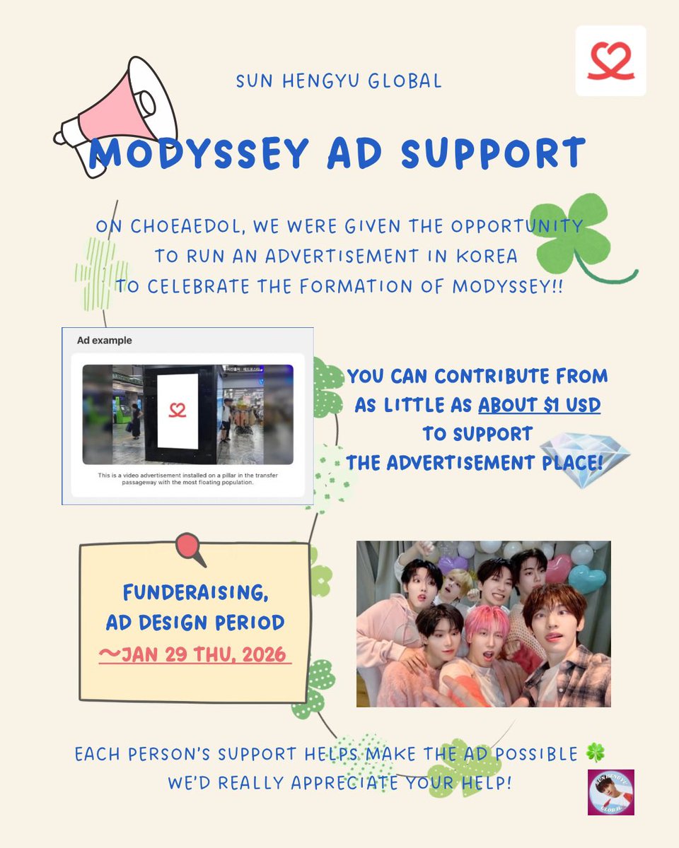 globalsunhengyu's tweet photo. 💎 │ CHOEAEDOL MODYSSEY Ad Support

🚨 1,840 LEFT IN 6 DAYS 🚨

#SUNHENGYU #HENGYU #MODYSSEY 

We can never celebrate MODYSSEY’s formation again.
And we don’t even have to compete with anyone to secure the ad spot.

More than anything, this is a great opportunity to let more people know about MODYSSEY.

The chance is right in front of us🍀
Now is the time for MODYSSEY fans to unite!
We sincerely ask for your cooperation🙏🏻