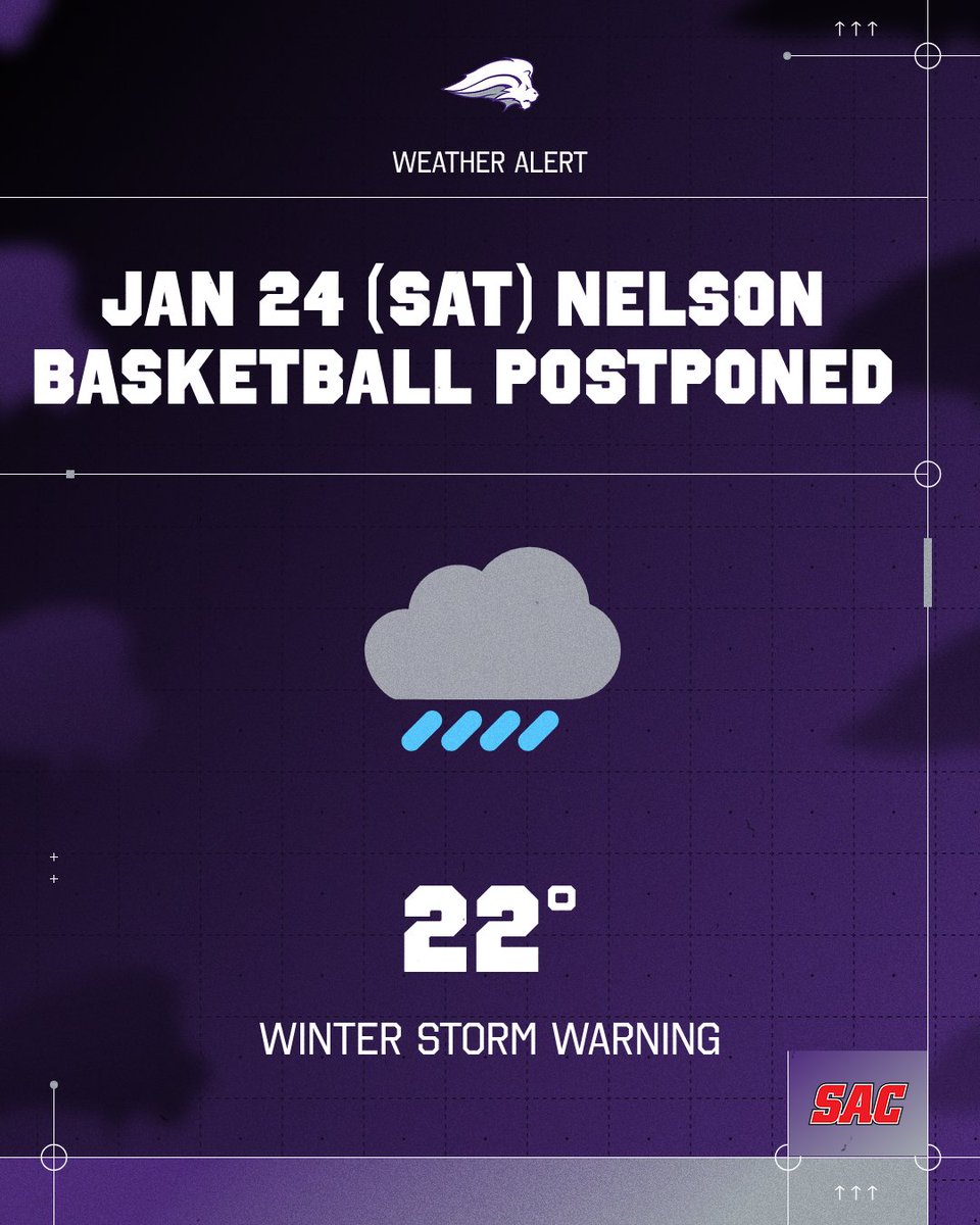 NelsonUSports's tweet photo. ⚠️🏀 Due to a winter storm warning, Nelson Basketball scheduled for Saturday, Jan. 24 has been postponed. Updated details will be shared as they become available. ❄️🦁 

#WhereLionsFindTheirRoar #TheRightWayToPlay https://t.co/0K6fKBWIBK