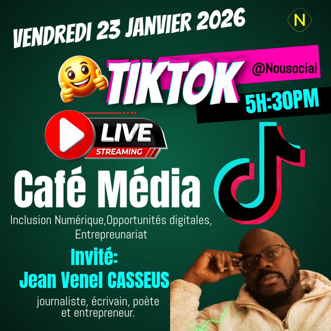 inclusionmedia_'s tweet photo. ☕🎙️ CAFÉ MÉDIA – LIVE TIKTOK
📅 Vendredi 23 janvier 2026
🕠 5h30 PM
📍 TikTok LIVE : @Nousocial
🎯 Invité : Jean Venel Casseus
Journaliste | Écrivain | Poète | Entrepreneur
💡 Thèmes : Inclusion numérique
Opportunités digitales
Entrepreneuriat
🚀 📲 👉 @theleuskendy https://t.co/a58tC1gisz