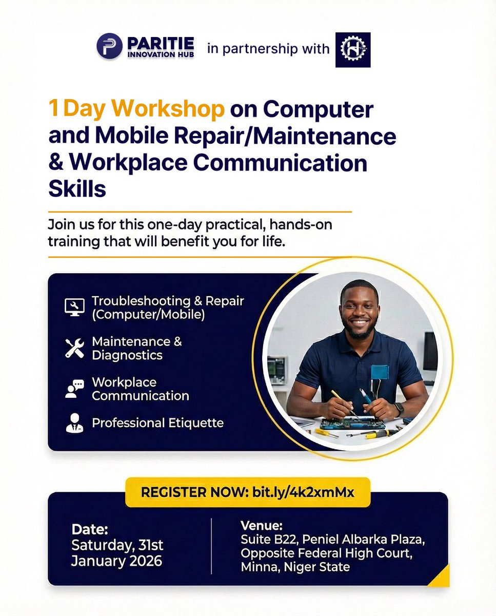 paritiehub's tweet image. Join Paritie Innovation Hub and Hisah Technologies for a one-day training on Computer and Mobile Repairs. Also, some soft skills that’ll help you stay consistent and disciplined in your skill.

👉 bit.ly/4k2xmMx

#learnaskill #computerrepair #hardwaremaintenance #minna