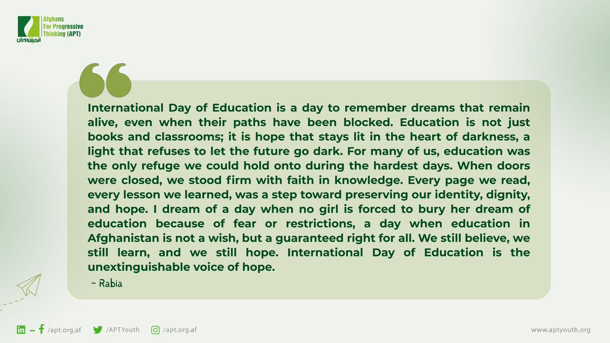 Tomorrow is International Education Day, and our member Rabia reminds us why learning matters so much.

In Afghanistan, more than 2.2 million girls are not allowed to attend secondary school. Education is a right for every girl. Let’s support them and hope for change soon.