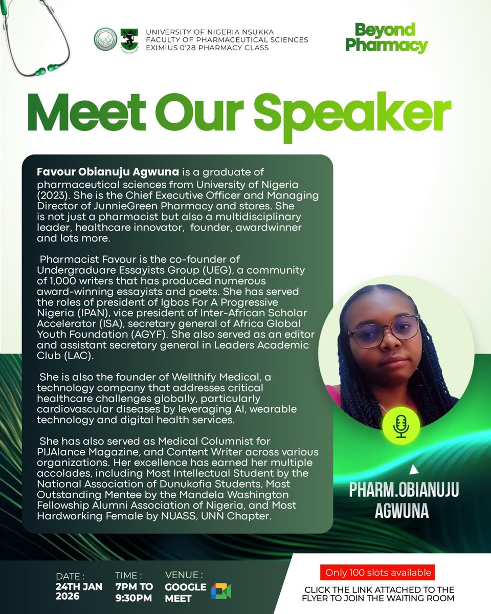 Eximius_028's tweet photo. Join us for a 1-day power webinar: BEYOND PHARMACY "What pharmacy school doesn’t prepare you for." From building relevant skills to navigating your finances, we’re bridging the gap between graduation and Greatness🔥.
Date:24th Jan 2026
Time: 7:00 PM – 9:30 PM
📍Venue: Google Meet https://t.co/9uhM7Qy5q4