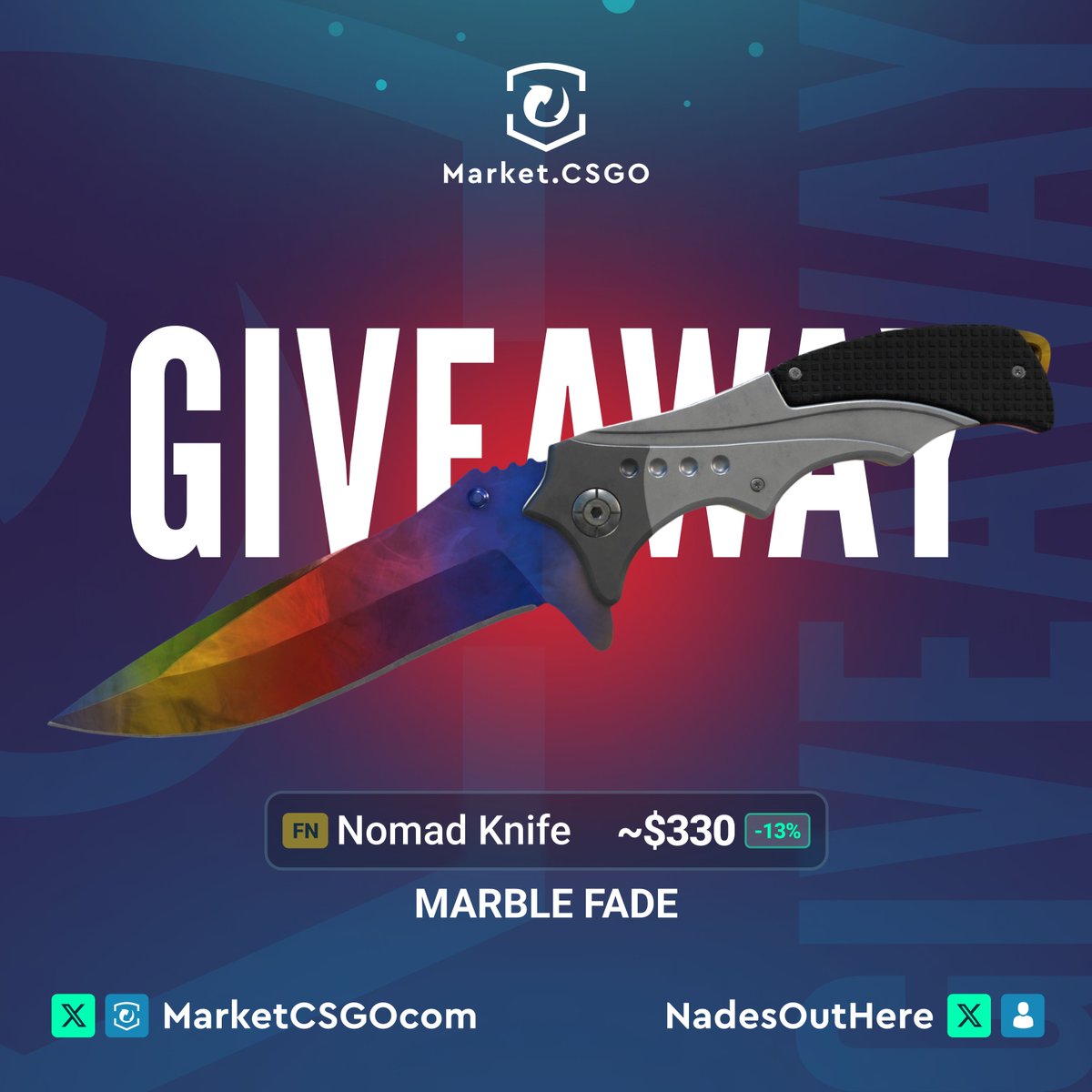 🎁 CS2 GIVEAWAY 🎁
🗡️$330 Nomad Knife | Marble Fade (FN)

To enter:
✅ Like and Retweet
✅ Follow <a href="/MarketCSGO/">Market.CSGO</a> and <a href="/NadesOutHere/">Nades Out Here</a> 
✅ Tag a Friend

⏰ Ends in 7 Days!