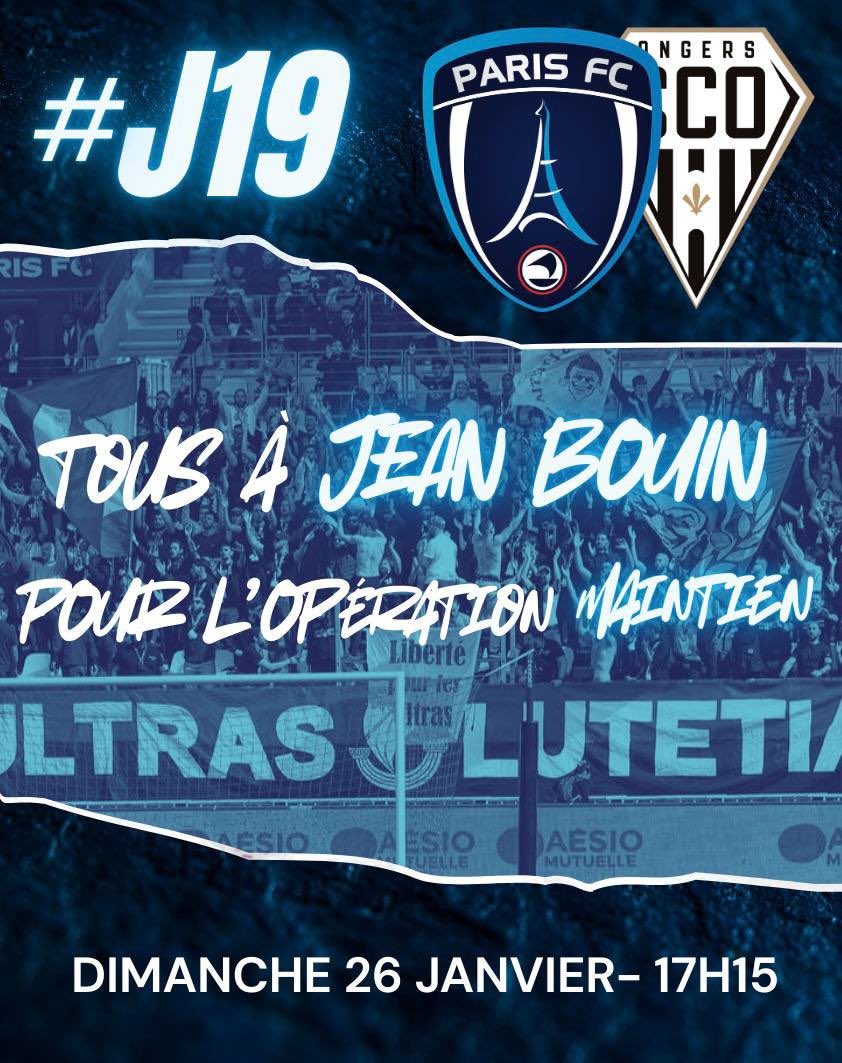 UltrasLutetia14's tweet image. Paris FC - Angers, ce dimanche 26 janvier à 17h15

Ce match marque le premier à domicile en 2026 mais surtout un moment crucial dans notre opération maintien.

Rejoins le cœur du Paris FC et viens donner de la voix pour transcender nos joueurs dans cette quête. 

Allez Paris 🇪🇪