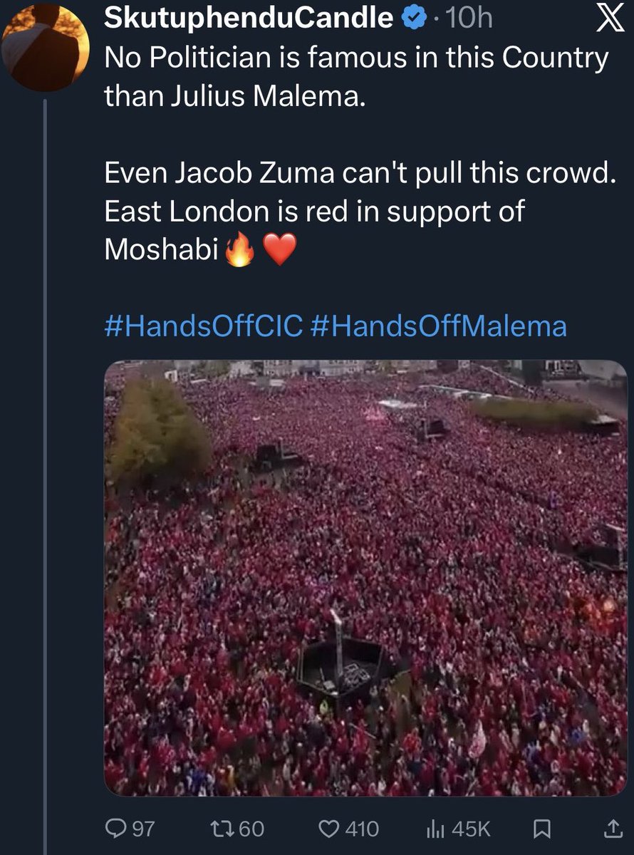 <a href="/CyrilRamaphosa/">Cyril Ramaphosa 🇿🇦</a> sat in the Oval Office and smugly told President Trump the EFF was just a "tiny faction" with no real power. Meanwhile, Julius Malema is pulling stadium-sized red seas in East London that Zuma could only dream of.  Tiny faction, my ass! Looks like the only thing