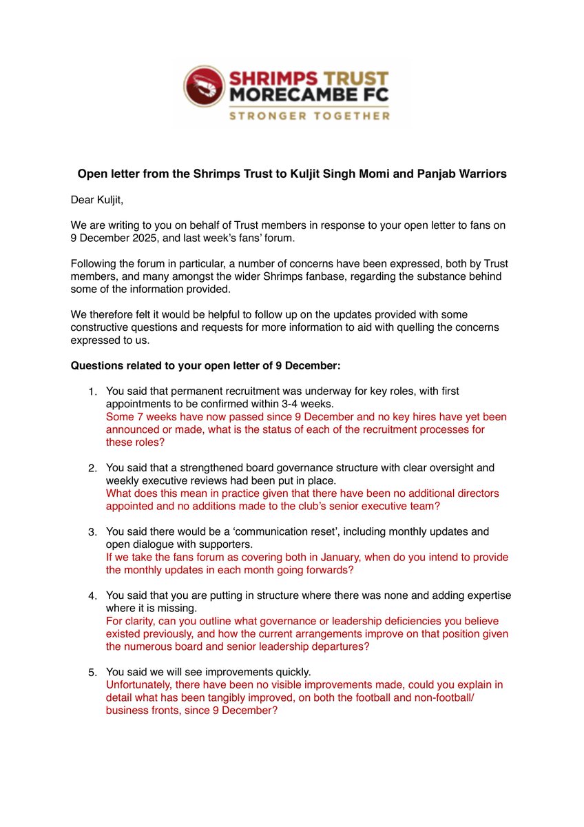shrimpstrust's tweet image. The Trust would like to share the below open letter to Kuljit Singh Momi and Panjab Warriors, sent earlier today.