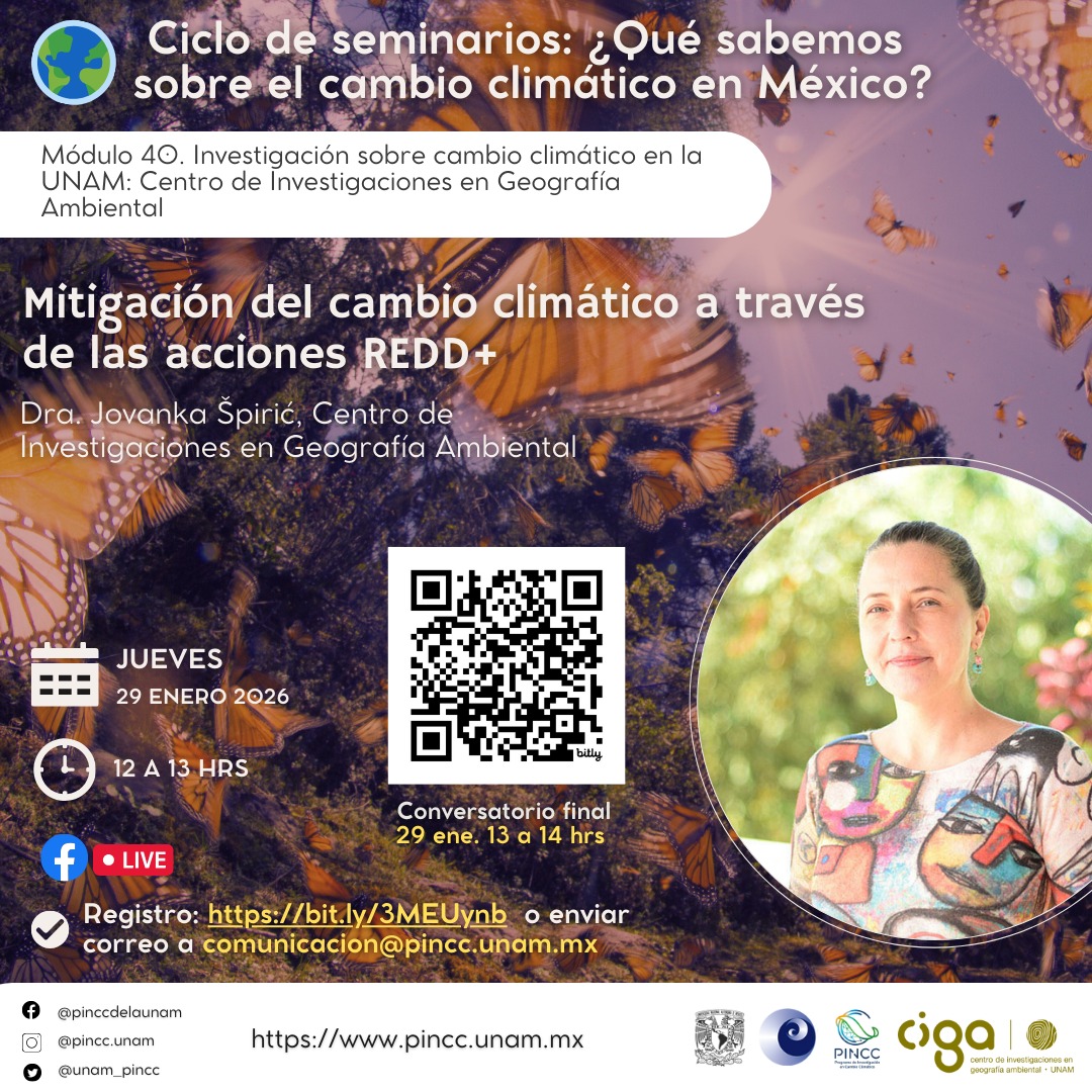 Seminario ¿Qué sabemos sobre el cambio climático en México? en colaboración con el #CIGAUNAM

✍️Mitigación del cambio climático a través de las acciones REDD+
🗣️Dra. Jovanka Spiric, CIGA UNAM
📅29 enero, 12 a 13:00 hrs

Regístrate aquí: bit.ly/3MEUynb?r=qr