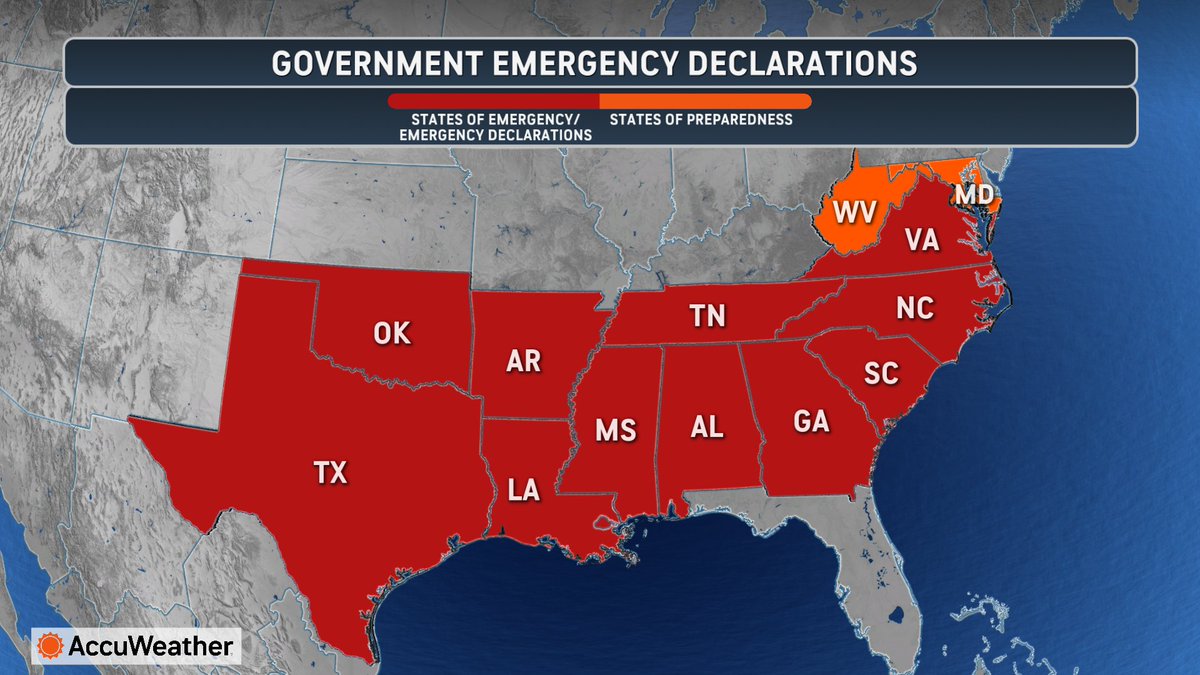 accuweather's tweet image. Governors across more than a dozen states have issued states of emergencies or preparedness ahead of what is expected to be the largest winter storm of the season. bit.ly/49NqLAE