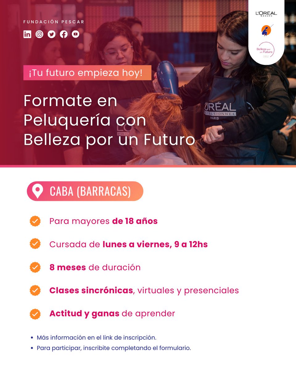 Formarte en peluquería!  Junto a <a href="/LOrealGroupe/">L'Oréal Groupe</a>  , lanzamos una nueva edición de #BellezaporunFuturo, un programa de formación en peluquería que combina aprendizaje práctico, acompañamiento y oportunidades reales de desarrollo. Inscribite en el form