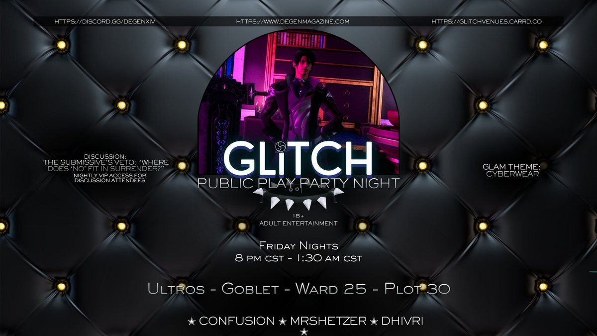 Join us tonight at GLiTCH for Another GLiTCH Friday Night! Music! Prizes! Immersive RP! 3 Incredible DJs: <a href="/confusion2317/">confusion</a>, Mrs. Hetzer and <a href="/RahleaDhivri/">Rahle'a Dhivri</a>! Cyberwear Glam Theme tonight! Discussion starts at 8:00 CST!