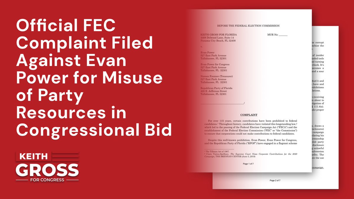 TeamKeith's tweet image. Today, we filed a complaint with the FEC against Evan Power for unlawfully using party resources to promote his own campaign.

Read the complaint here:
keithgross.com/evan