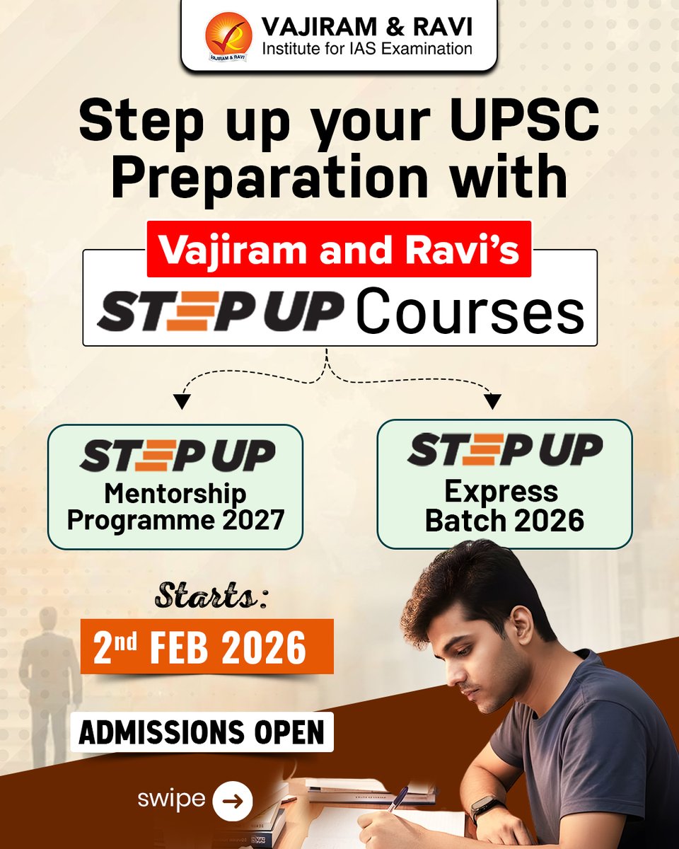 VajiramRavi's tweet photo. Aiming for UPSC 2026 or 2027 ?
Step up your preparation with our StepUp courses.
To know more: https://t.co/xR5f4FsHue

 #UPSCPreparation #IASExam #StepUpCourses #VajiramAndRavi #UPSC2026 #UPSC2027 #MentorshipProgramme #ExpressBatch #CivilServices #UPSCMotivation https://t.co/UkP3dWDLZE