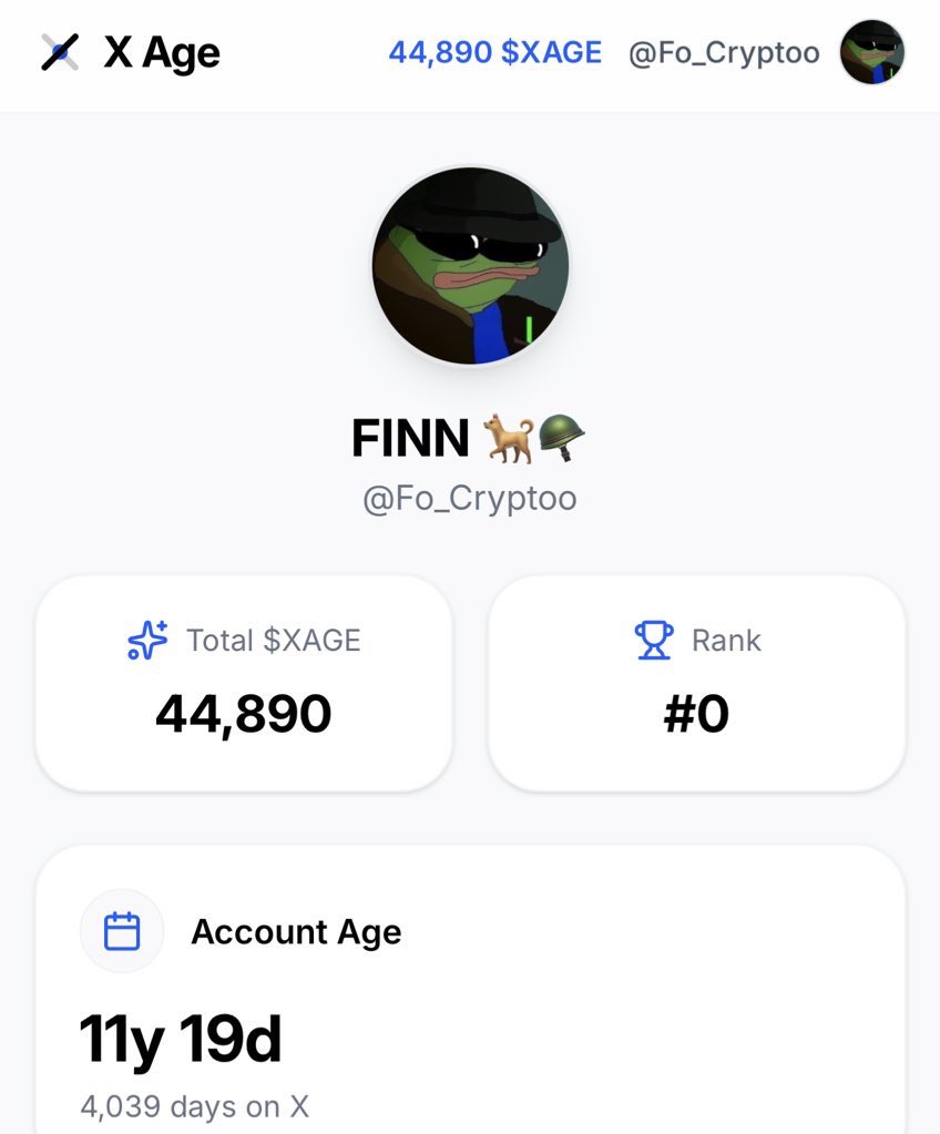 I’ve been on X for 11 years and it’s finally paying off. 💰

Just claimed 44,890 $XAGE based on my account age! The older your account, the more you get.

💎 $2M raised
⏰ TGE in April
💸 Cost: $0 (Free)
⏱️ Time: 2 mins

Check your allocation here: xage.app/app?ref=05D503…

Code