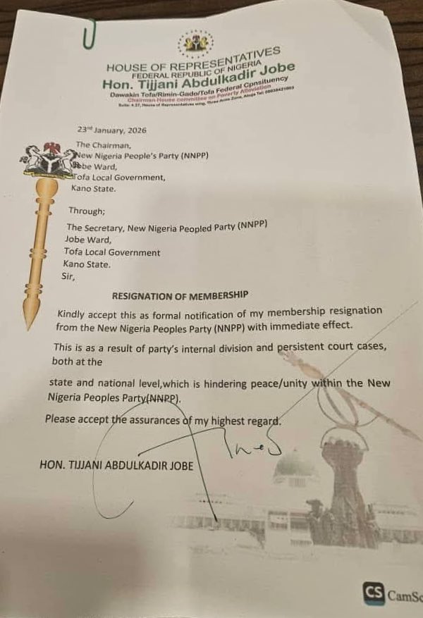 Hon. Tijjani Abdulkadir Jobe, the member of the House of Representatives representing the Tofa/Dawakin Tofa/Rimin Gado Federal Constituency, Kano State, has resigned from the NNPP.