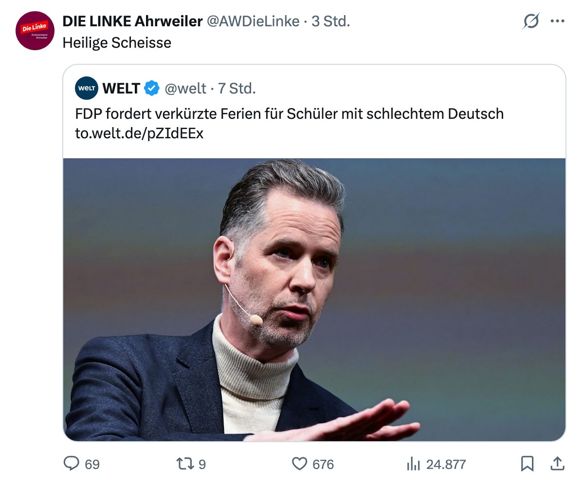 MIGO_Offiziell's tweet photo. FDP fordert kürzere Ferien für Schüler mit schlechtem Deutsch.

Die LINKE fordert wahrscheinlich jetzt, dass die anderen Schüler gefälligst genauso schlecht Deutsch sprechen sollen... https://t.co/gzlIXWh00g