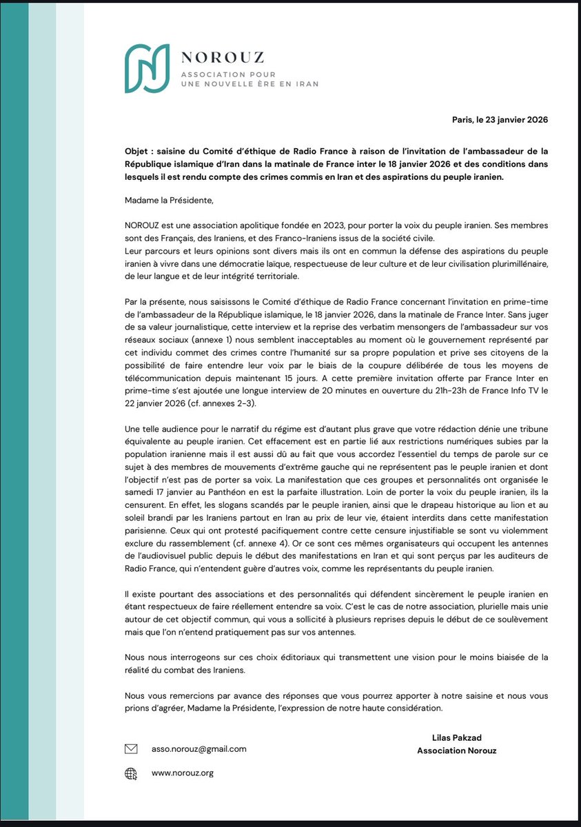 assoNorouz's tweet photo. Saisine du Comité d’éthique de Radio France à raison de l’invitation de l’ambassadeur de la République islamique  dans la matinale de France inter le 18 janvier 2026 et des conditions dans lesquelles il est rendu compte des crimes commis en Iran et des aspirations du peuple iranien.
