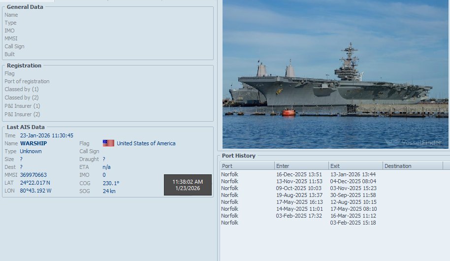FlconEYES's tweet photo. USS GEORGE H.W. BUSH MMSI 369970663
🧐A sólo 60Millas Náuticas al Norte de #Cuba
Continúan maniobras en el Estrecho de Florida.
#Now #Cuba #AIS #cubarcos #23Jan https://t.co/KJWgVptxbe