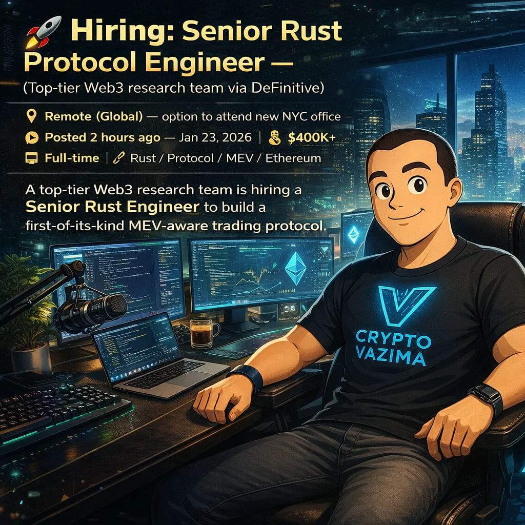 🚀 Hiring: Senior Rust Protocol Engineer — Top Web3 Research Team (via  DeFinitive) 📍 Remote (Global) — NYC office option | 💼 Full-time | 🧑‍💻  Rust / MEV / Protocol Engineering |