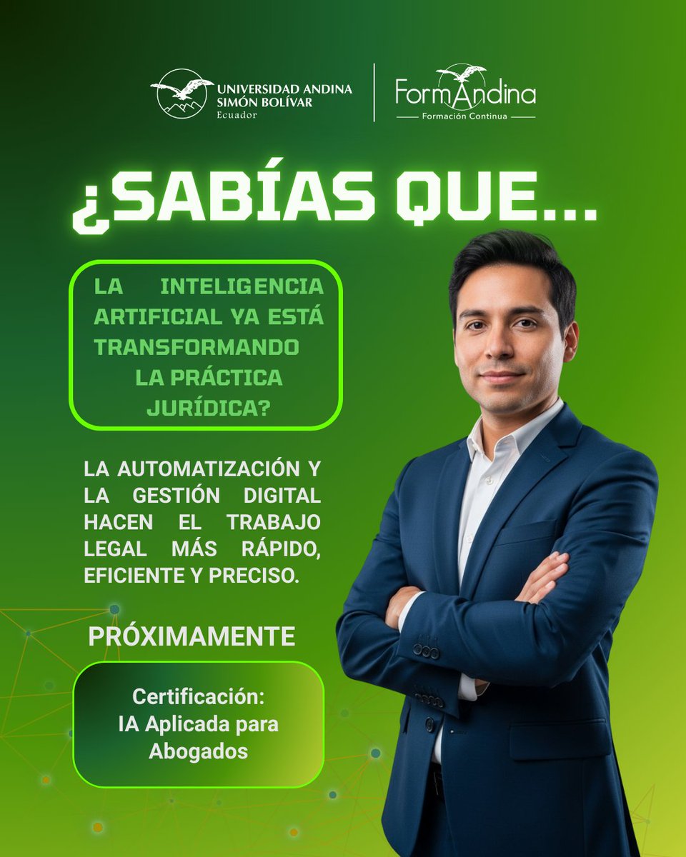 FormAndinaEc's tweet image. ⚖️🤖 El derecho ya está cambiando.

La inteligencia artificial está transformando la forma de trabajar de los abogados: más eficiencia, más precisión, menos tareas repetitivas.

🚀 Del escritorio tradicional al estudio jurídico inteligente.
👀 Próximamente.
#LegalTech #IA