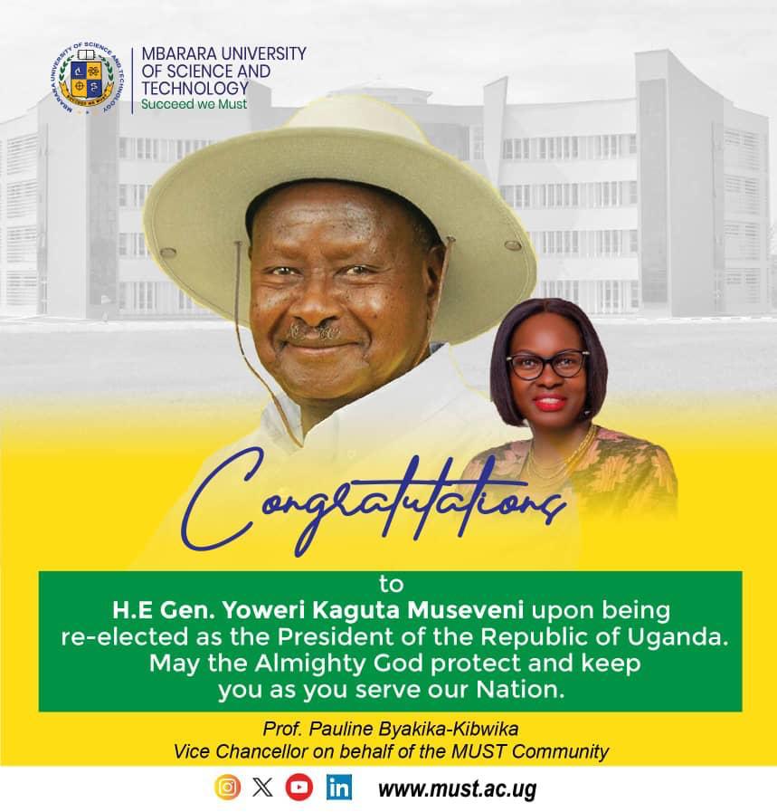 Thank you <a href="/PbyakikaPauline/">Prof. Pauline Byakika -Kibwika</a> for loving our President and congratulating him for the victory 🙏 
<a href="/MbararaUST/">Mbarara University</a> the only University in Uganda 🇺🇬 that has congratulated our President HE.<a href="/KagutaMuseveni/">Yoweri K Museveni</a> 
#ProtectingTheGains 
#Congratulations