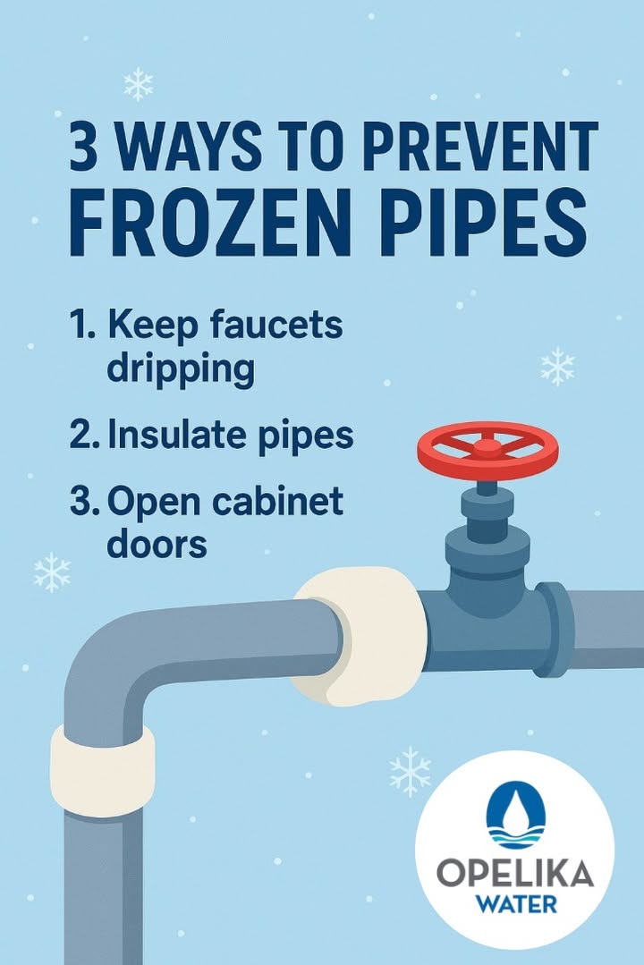 ❄️ During freezing temps, keep faucets dripping, insulate exposed pipes, and open cabinet doors.
If you end up with a frozen pipe or leak, shutting off your service line gives you peace of mind. Learn more: bit.ly/43GE0kx
#WinterPreparedness #PipeProtection #OpelikaWater