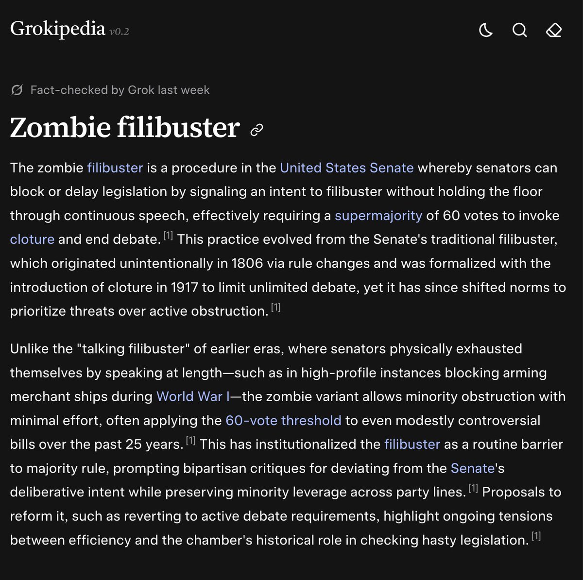 ArthurMacwaters's tweet image. Wikipedia often doesn't have articles pertinent to current events -- for example, nothing on  "zombie filibuster"

Grokipedia, on the other hand: full explanation, relevant to the current issue, broken down from multiple perspectives 

- it's a procedural rule 
- allows Senate…