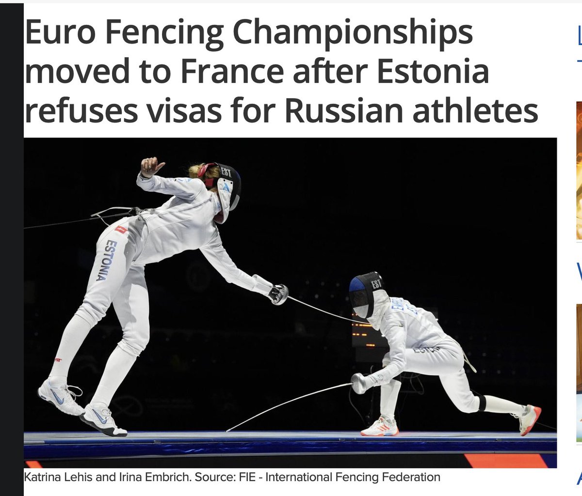BrianMcDonaldIE's tweet image. Estonia has been stripped of the right to host the European Fencing Championships after refusing to guarantee entry for Russian &amp;amp; Belarusian athletes, state media reports. 

The tournament was due to be held in Tallinn, but the FIE has now moved it to Antony, France (June 16–21),