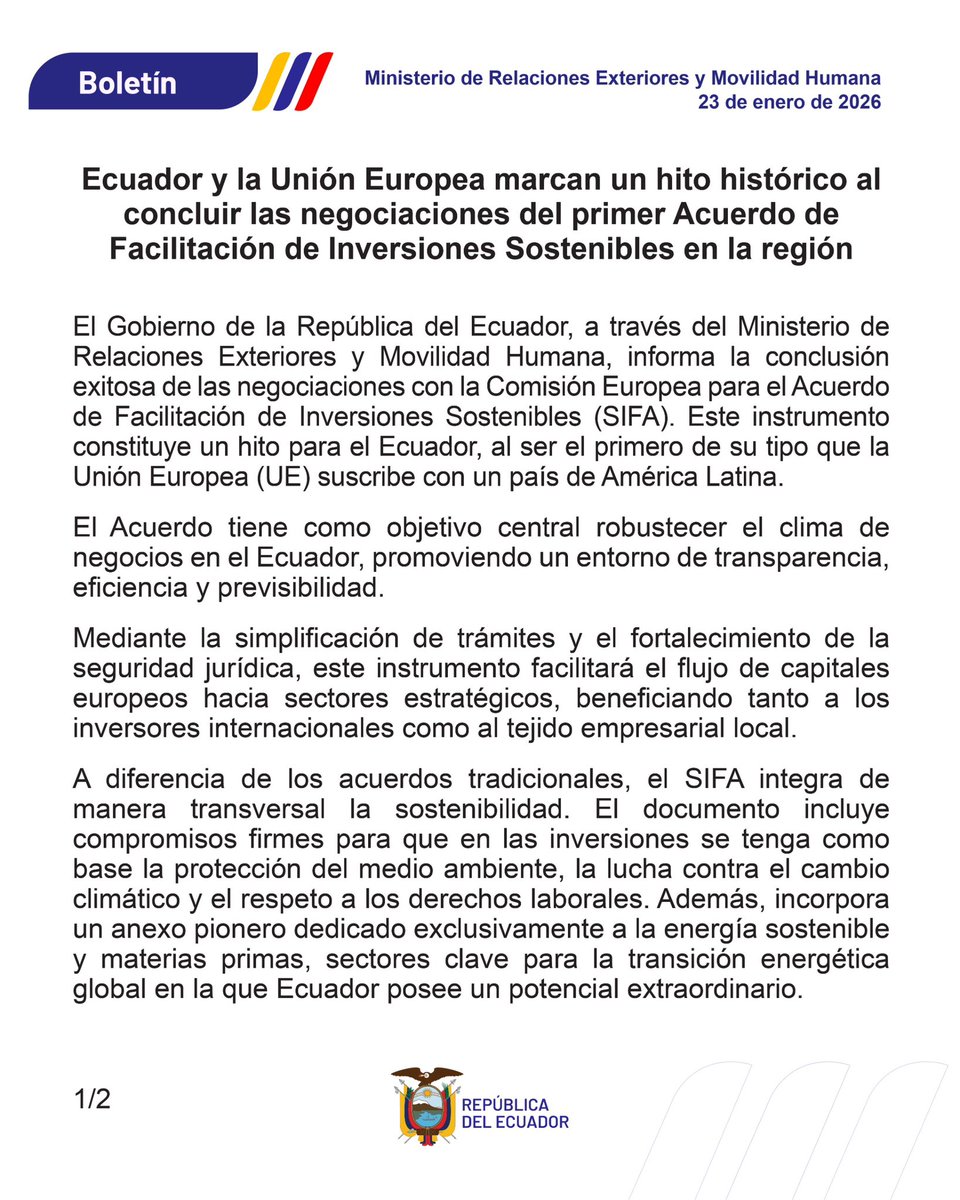 CancilleriaEc's tweet photo. Boletín |

Ecuador y la Unión Europea marcan un hito histórico al concluir las negociaciones del primer Acuerdo de Facilitación de Inversiones Sostenibles en la región https://t.co/i6xsYqgsnJ
