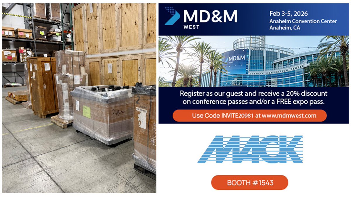 Freight’s moving — next stop: #MDMWest. 📦

Visit Mack at Booth #1543, Feb. 3–5, in #Anaheim, to learn about our #EndToEndManufacturing with #PlssticInjectionMolding, #SheetMetal, #Machining, #Cleanrooms + #ComplexAssembly.

🎟️ Use Code INVITE20981 (FREE expo / 20% off conf)