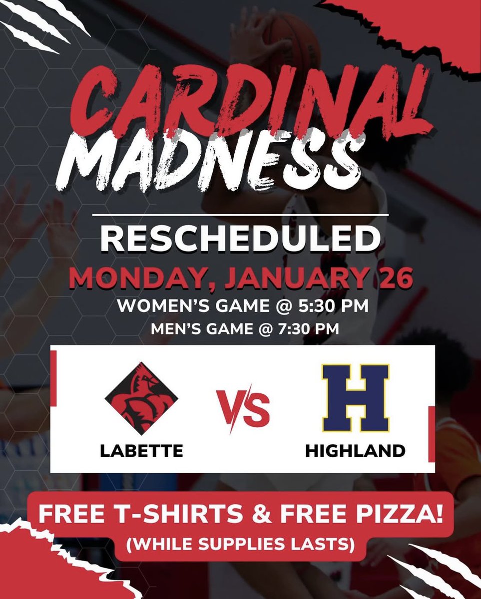 LabetteMBB_'s tweet image. ******POSTPONED*******

For the sake of safety and potential inclement weather, Cardinal Madness has been postponed to Mon, Jan 26 ❄️ 

FREE t-shirts and pizza will still be available on Monday while supplies last! 🍕🍕

#GoCARDS 🐦‍🔥