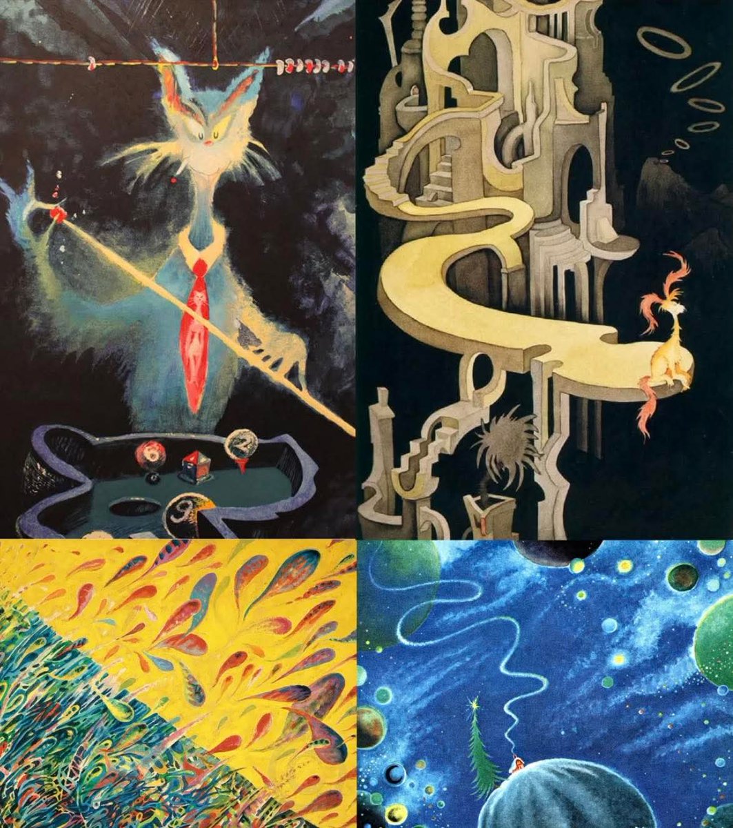 archeohistories's tweet photo. After his death in 1991, it was revealed that Dr. Seuss secretly created dark, surreal “Midnight Paintings”, a stark contrast to the playful books that made him famous.

Most people know Theodor Seuss Geisel, better known as Dr. Seuss, for his whimsical rhymes, playful creatures, and colorful worlds that defined childhood classics like The Cat in the Hat and Green Eggs and Ham. Yet, hidden from public view during his lifetime was another side of his imagination. After his death in 1991, a private collection of what came to be called the “Midnight Paintings” was revealed. These works were far removed from the lighthearted tone of his children’s books. They featured surreal, dreamlike, and at times unsettling imagery, blending elements of fantasy with darker undertones.

These pieces reflected the complexity of Seuss as an artist. While his public work was bound by the conventions of children’s publishing, his private canvases allowed him to experiment freely. They suggest an inner dialogue about mortality, conflict, and the subconscious—subjects rarely associated with his famous literary persona. Some paintings even show distorted architectures and eerie characters that echo his whimsical style but stripped of its innocence.

Today, the Midnight Paintings are viewed as an important part of Seuss’s legacy, revealing him not just as a children’s author, but as a multifaceted artist wrestling with both light and shadow.

© Reddit

#archaeohistories