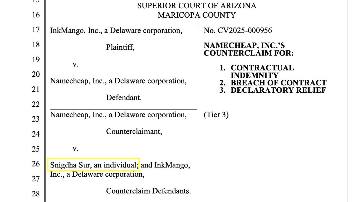 A cautionary tale for fellow startup founders: @namecheap just sued me personally 🧵