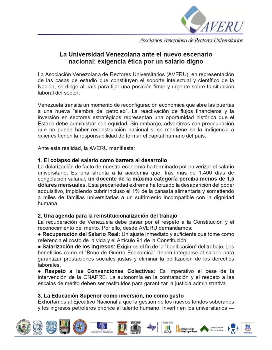 ReporteYa's tweet image. #23Ene #Venezuela #Educación #Universidades
La Asociación Venezolana de Rectores Universitarios exigió un salario digno para trabajadores del sector, alertó sobre el colapso del salario docente y pidió priorizar la educación superior como inversión clave para la reconstrucción…