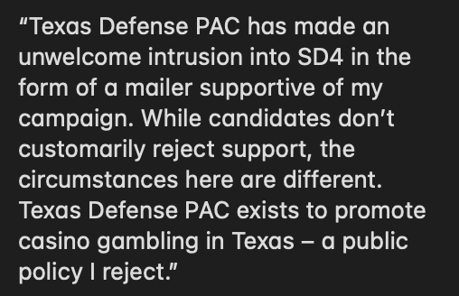 bradj_TX's tweet photo. Adelson's Texas Defense PAC sent a mailer into #SD4 supporting @LigonForTexas — in a similar fashion to the one sent into #SD3 backing @TrentAshbyTX. Ligon sent the following statement to @TXBullpen, condemning it and TDP. #txlege https://t.co/wNzp2Uv6sH