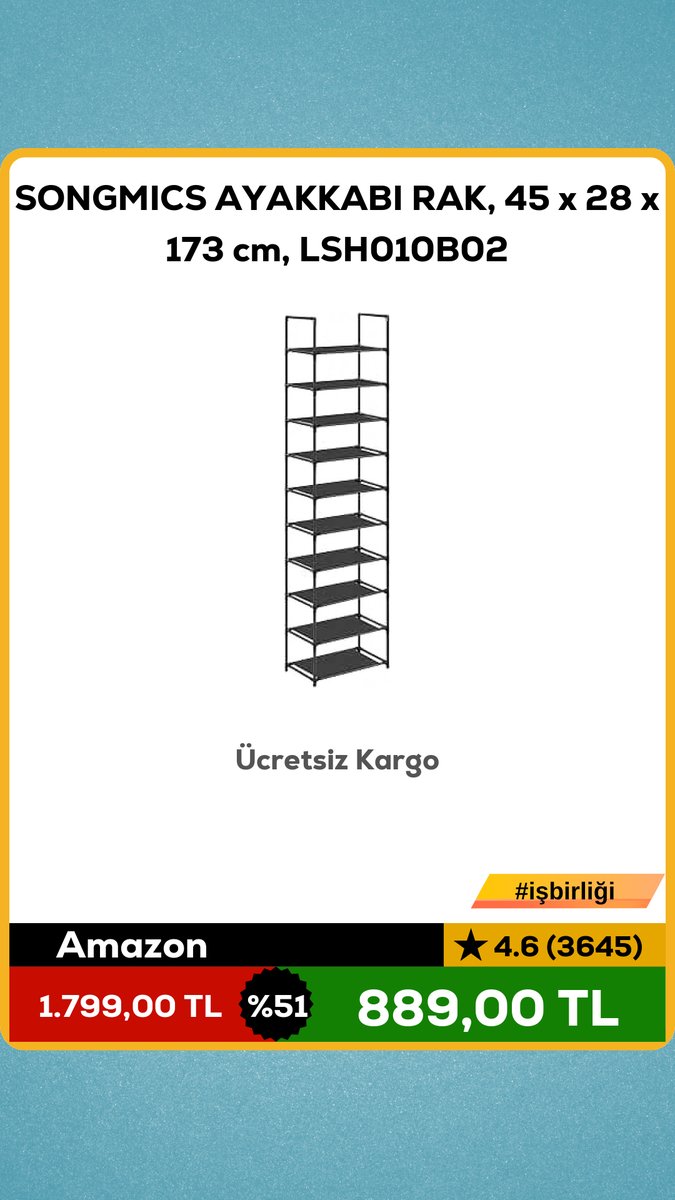 devindirim's tweet image. SONGMICS AYAKKABI RAK, 45 x 28 x 173 cm, LSH010B02

❌1.799,00 TL
✅889,00 TL

💲 % 51 indirim!
Ücretsiz Kargo

🛍 amazon
↪ evekonomisi.net/git/18665?utm_…

 isbirligi