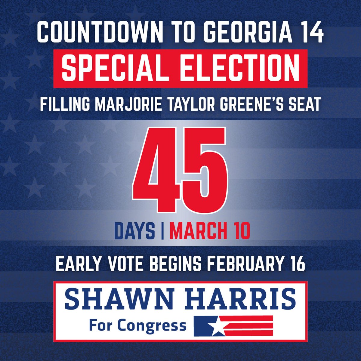 ShawnForGeorgia's tweet photo. 46 days until Northwest Georgia chooses new leadership!

The seat left by Marjorie Taylor Greene is on the line, and every day counts.

Join the movement: volunteer, donate, or sign up → https://t.co/H7h6b5EHmf

#GA14 #vote https://t.co/0Mogd8zoM8
