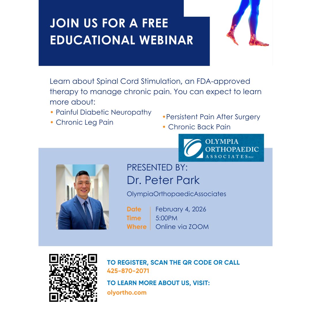 FREE educational webinar 🩺

Join Olympia Orthopaedic Associates &amp; Dr. Park to learn about FDA-approved options for chronic pain, including Spinal Cord Stimulation.

📅 Feb 4 | ⏰ 5 PM | 💻 Zoom
👉 Register: na2.hubs.ly/H03cGBX0

#LifeInMotion #OlyOrtho #TeamPark