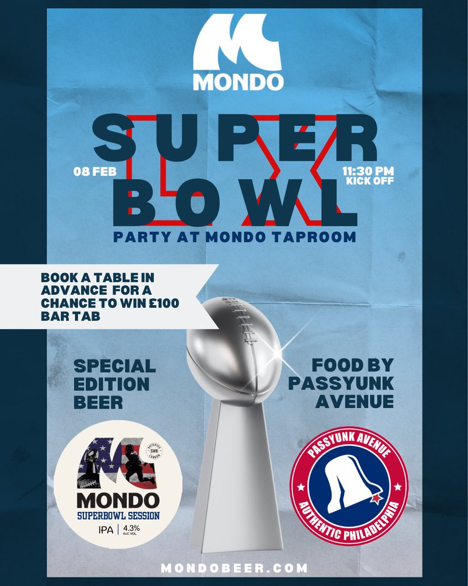 mondobrewing's tweet photo. SUPER BOWL LX PARTY AT MONDO TAPROOM! ❤️‍🔥

Join us on Feb 8th for the ultimate game day experience! Watch the big game on our big screens, enjoy delicious food from @passyunkavenue and sip on our exclusive Super Bowl Session.

Seats are limited, reserve your spot now! LINK IN BIO https://t.co/A4dRmzCpG8