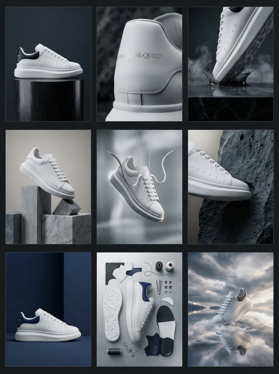 Lovart prompt result: How I Crafted a Luxe 3x3 Grid for McQueen Sneakers
