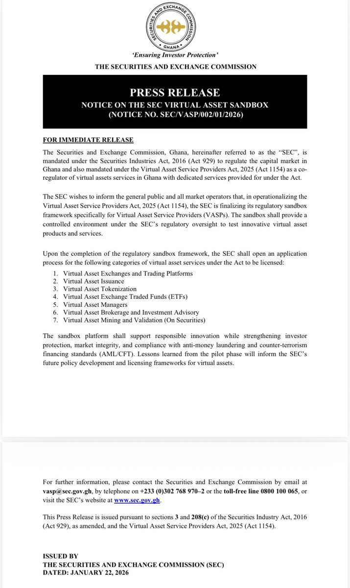 PRESS RELEASE
NOTICE ON THE SEC VIRTUAL ASSET SANDBOX (NOTICE NO. SEC/VASP/002/01/2026)