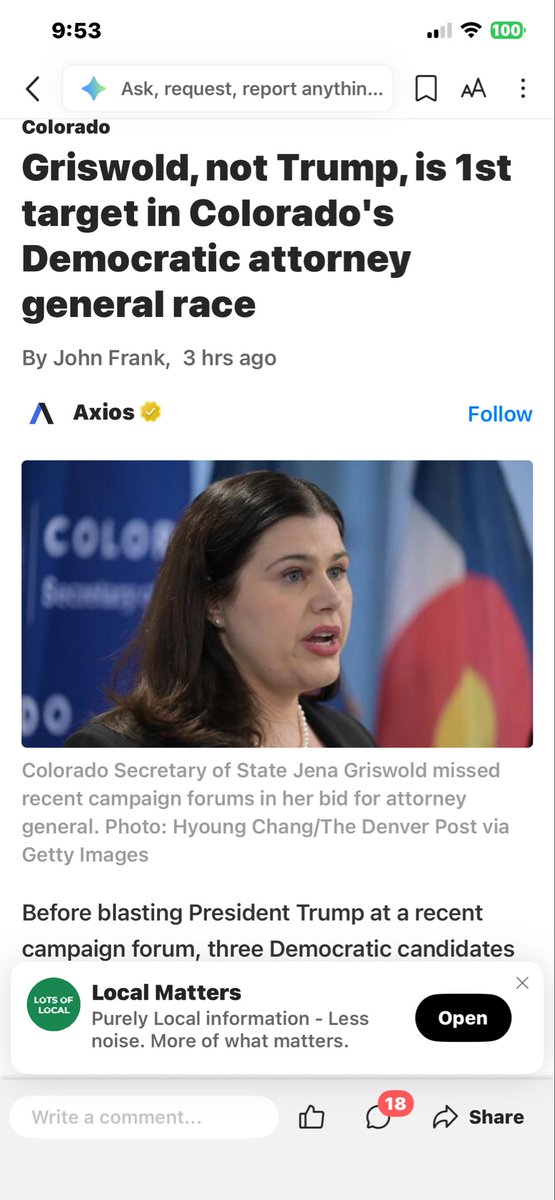 CynthiaDin62866's tweet photo. Colorado Residents:
We can’t afford have 
Jena Griswold run as Attorney General of Colorado!  Let’s stop her in her foot steps!
She has failed at Secretary of State - she’ll be worse as a AG!
I thought @realDonaldTrump was looking into her? https://t.co/uW60MReANl