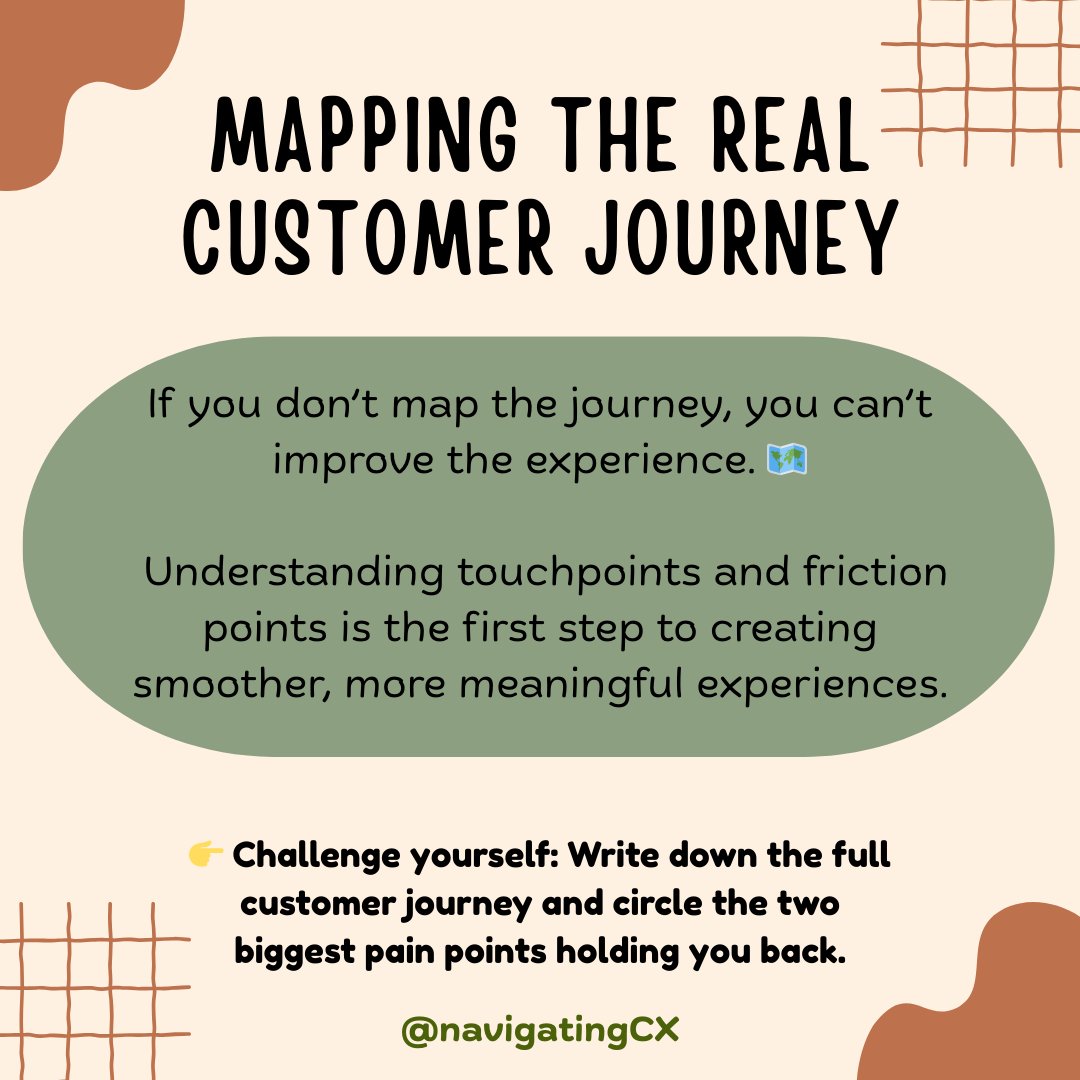 navigatingCX's tweet image. You can’t improve what you don’t map. Understand touch-points and friction to create smoother, meaningful experiences. 🗺️

#CustomerJourney #CXImprovement #TouchpointsMatter #FrictionlessExperience #CustomerExperience #JourneyMapping #CXStrategy #ExperienceMatters