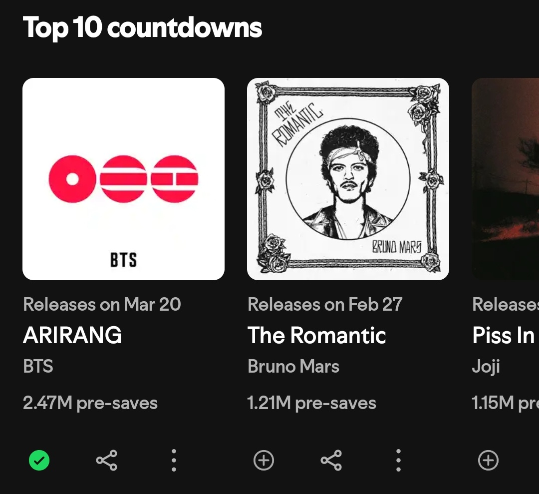 Bangtan7_Stream's tweet image. “ARIRANG” by #BTS remains at #1 with 2.47M(+90K) pre saves on Spotify Top 10 Countdown Chart!
